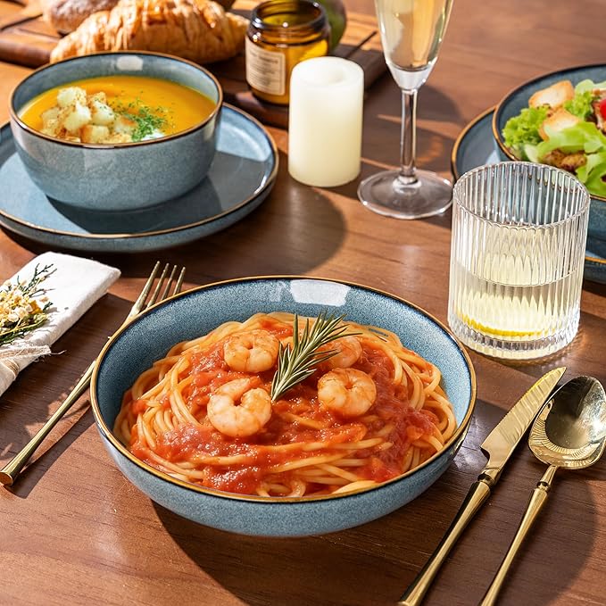 GBHOME 32 Pieces Double Bowls Ceramic Dinnerware Sets for 8, Stoneware Plates and Bowls Set with Reactive Glaze, Scratch Resistant Stoneware Dishes Set, Dishwasher & Microwave Safe