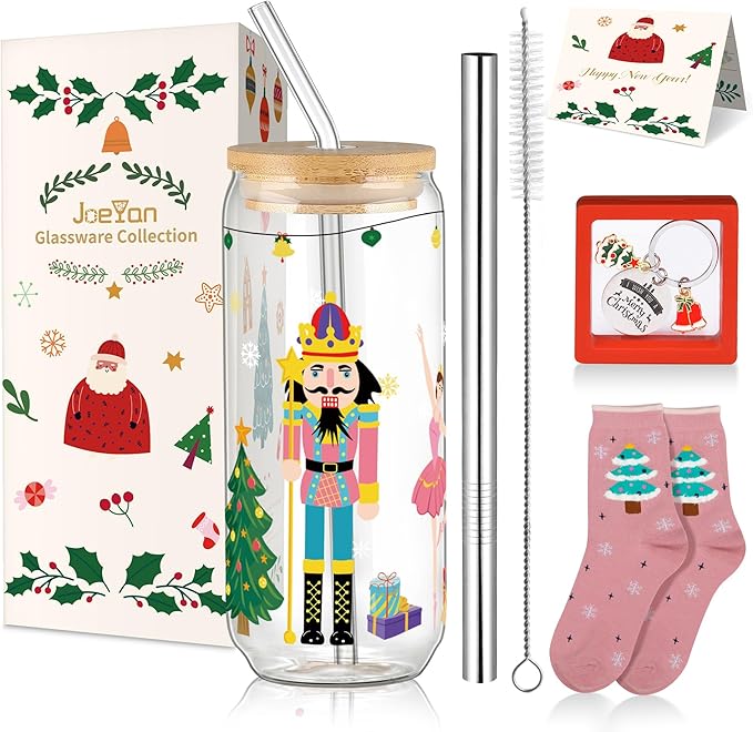 Joeyan Christmas Glass Cups with Lids and Straws,Xmas Nutcracker Tumbler Iced Coffee Glass with Keychain and Socks,Decorative 20oz Drinking Glasses with Tree Soldiers Patterns,Gift for Women Family