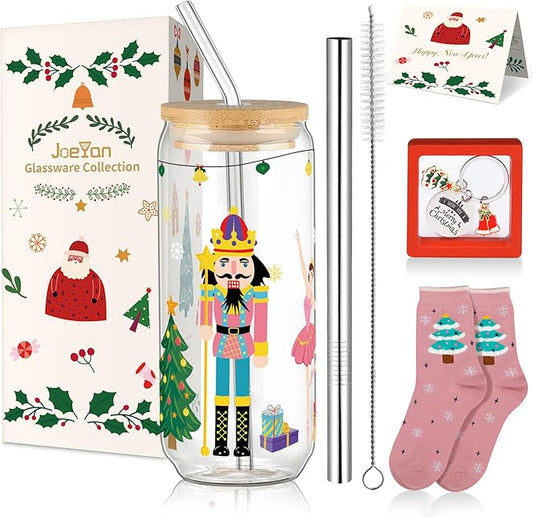 Joeyan Christmas Glass Cups with Lids and Straws,Xmas Nutcracker Tumbler Iced Coffee Glass with Keychain and Socks,Decorative 20oz Drinking Glasses with Tree Soldiers Patterns,Gift for Women Family