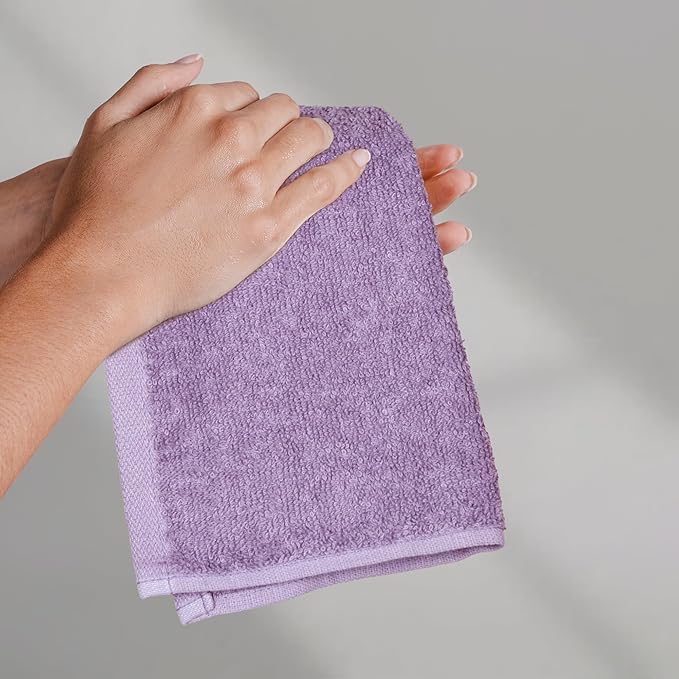 Amazon Basics face Towels for bathroom, 100% Cotton Extra Absorbent washcloth, Fast Drying - salon towel - 24 Pack Lavender (12 x 12 inches)