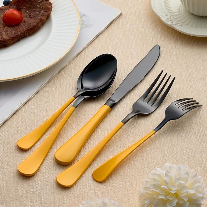 20-Piece Black Silverware Set 18/0 Stainless Steel Silverware Set Yellow Handle Cutlery Set Service for 4 Dinner Knives Forks Spoons Set Flatware Set Finish Dishwasher Safe（Black and Yellow）