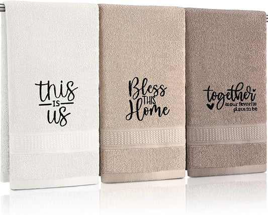 3 Pcs Farmhouse Decorative Hand Towels for Bathroom and Kitchen Rustic Embroidered 100% Cotton Hand Towels Decorative Set for Boho Bathroom Decor(Brown, Inspirational Language)