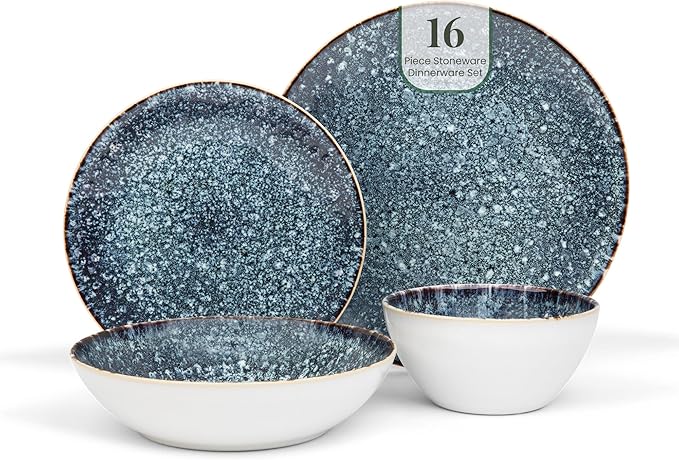 Larder & Vine Ceramic Stoneware Dinnerware 16-Piece Set, 4 Place Settings (Bondi Waters)