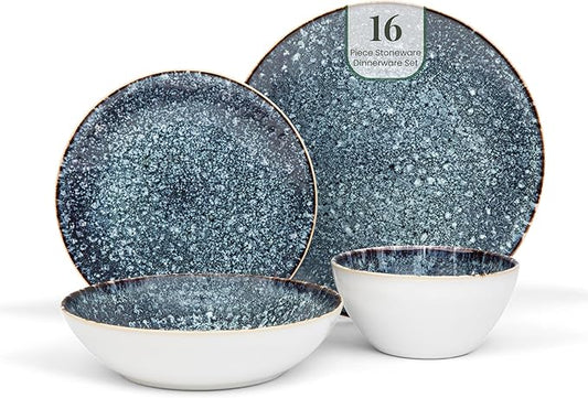 Larder & Vine Ceramic Stoneware Dinnerware 16-Piece Set, 4 Place Settings (Bondi Waters)