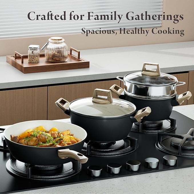 24 Pcs Pots and Pans Set Non Stick Ceramic Cookware Set with 3 Stockpots, White Interior Black Exterior, Healthy Non-Toxic, Large Capacity, Induction Compatible, PFAS/PTFE/PFOA Free