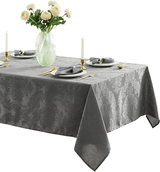 Newbridge Christmas Barcelona Damask Fabric Tablecloth, 60 x 102 Inch Rectangle, Grey – No Iron, Soil Resistant Table Cover for Dining, Parties and Holidays