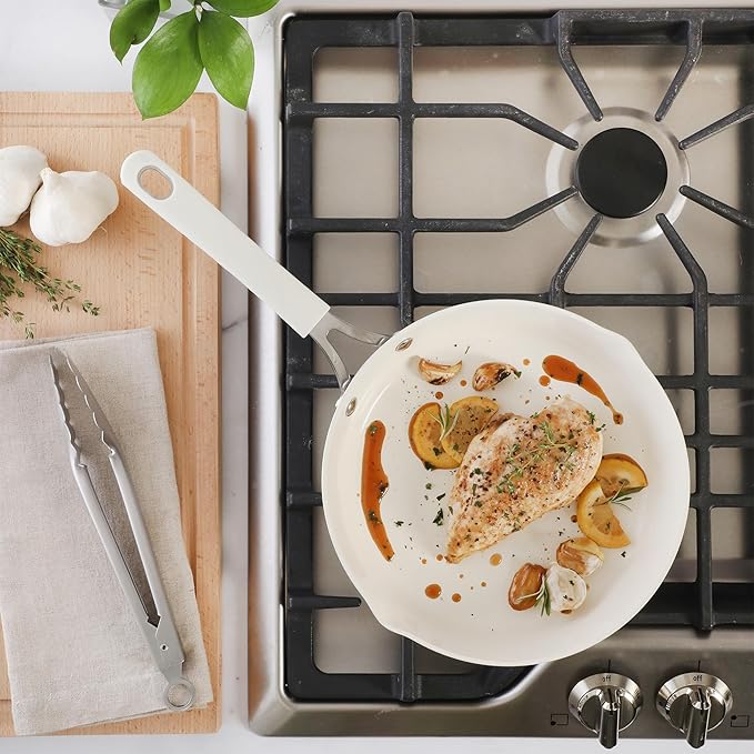 Martha Stewart Heathland 9.5 Inch Aluminum Cookware Non-Toxic Premium Ceramic Non Stick Frying Pan, Kitchen Egg Pan, Omelet, Pots and Pans, Linen White, Induction Safe