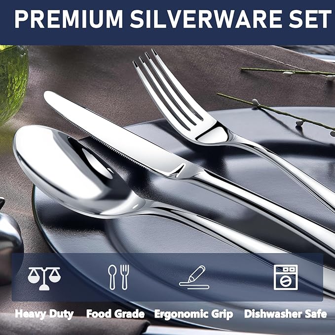 Heavy Duty Silverware Set for 12, 60 Piece Premium Stainless Steel Flatware Utensils Cutlery Set Including Steak Knife Fork and Spoon, Dishwasher Safe, Gift Package for Wedding Housewarming