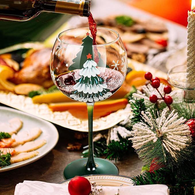 Joeyan Christmas Crystal Balloon Wine Glasses,Hand Painted Large Wine Goblet Glass Cups with Stem,Gin Tonic Cocktail Drinking Glasses with Green Xmas Tree and Snowflakes Patterns,19.5 oz,Set of 2