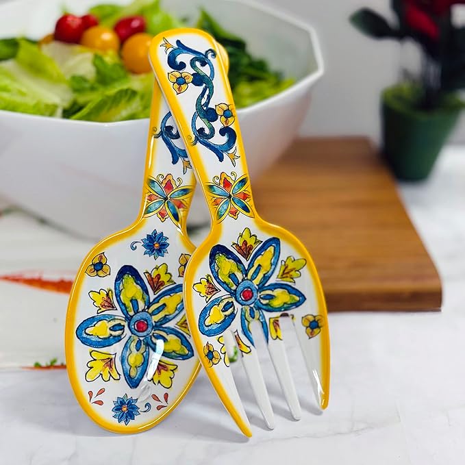 UPware Chianti Melamine Salad Servers, Serving Utensil Set, Includes Serving Fork and Spoon for Tossing Salad, Pasta, Multicolor, 10.75 Inch, Set of 2
