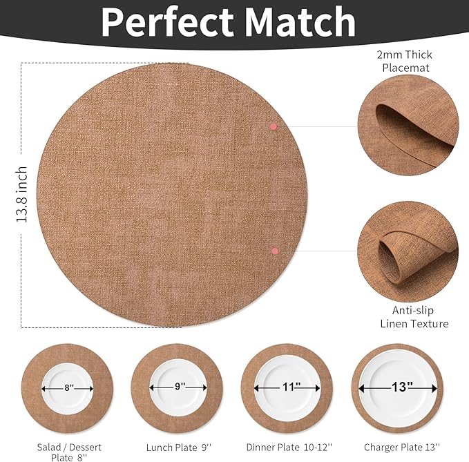 Maxpearl Round Placemats Set of 6, 13.8 inch Faux Leather Heat Resistant Table Mats, Non Slip Waterproof Wipeable Place Mats for Kitchen Dining Holiday Party Table Settings, Brown