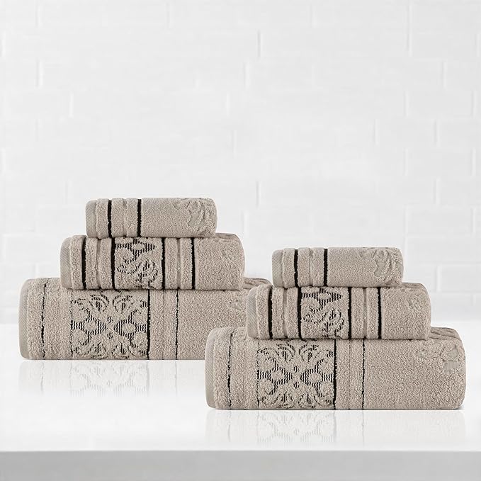 Superior Cotton 6 Piece Towel Set, 2 Bath, 2 Hand, 2 Washcloth/Face Towels, Quick Dry, Home Essentials, Shower, Spa, Luxury Plush Soft Absorbent Towels, Zero-Twist, Jacquard Floral, Stone