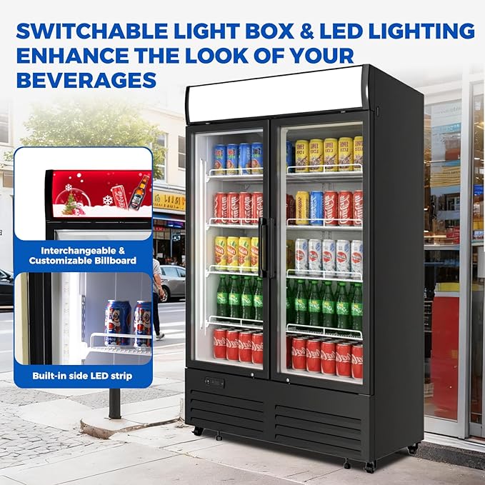 26 cu.ft Commercial Refrigerators with 2 Glass Door, Beverage Fridge with LED Light Display Upright Merchandiser, Drink Cooler with 8 Adjustable Shelves Black ETL Approved