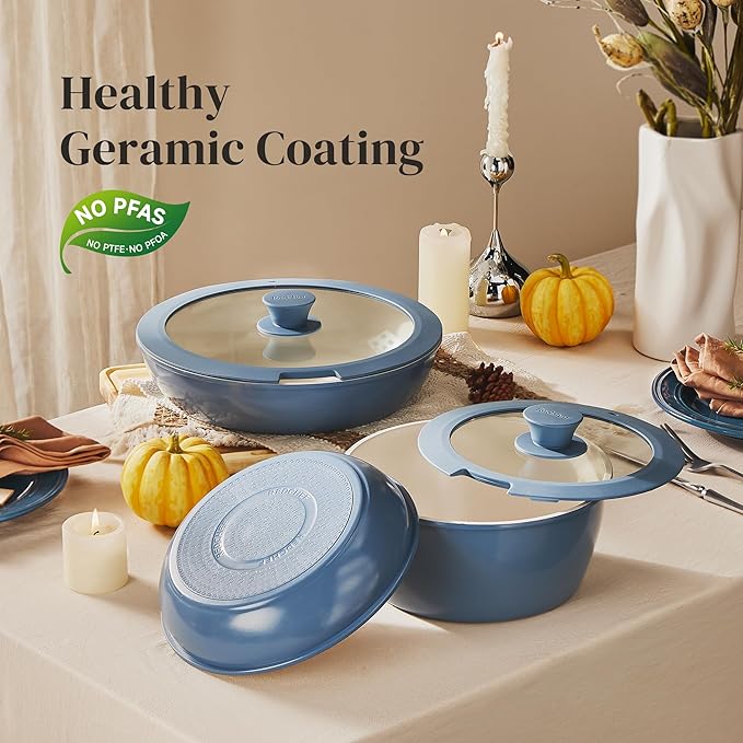 Redchef Ceramic Cookware Set, Removable Handle Pots and Pans Non-Stick, Rv Cookware Set, Non-Toxic Pots and Pans Set No PFAS, PTFE, PFOA, Detachable Pots and Pans, Dishwasher & Oven Safe(Blue)