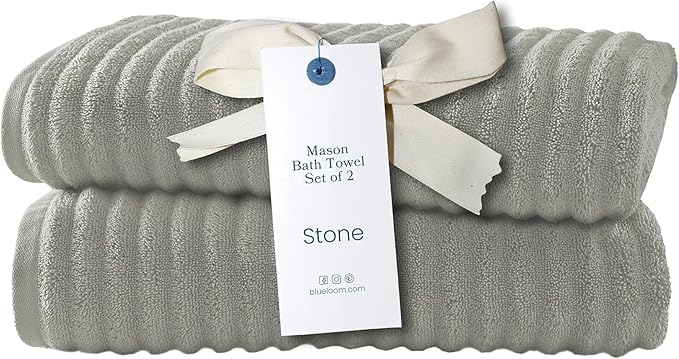 Blue Loom Ribbed Bath Towels Set, 100% Cotton 600 GSM, Soft Absorbent Durable Quick Drying 2 Bath Towels for Bathroom - Mason Set of 2 Stone Grey (58" x 30" Inch)