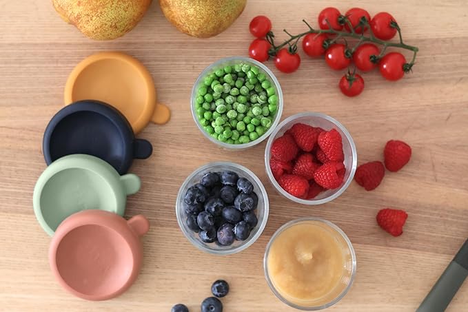 BEABA 4 Pack Glass Baby Food Jars with Soft Silicone Air Tight Lids, 8 oz Glass Storage Containers with Lids, Microwave and Freezer Safe Containers, Sunrise