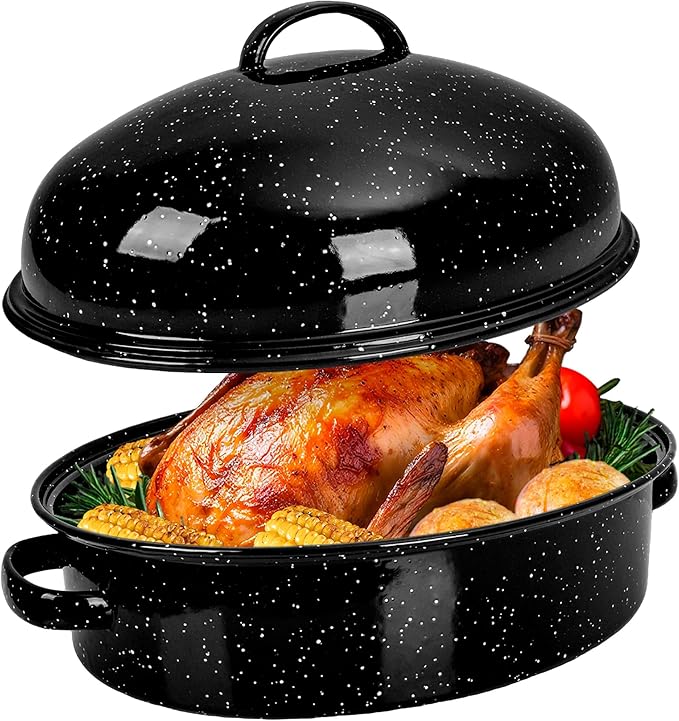 Roasting Pan with Lid & Rack 18 Inch Extra Large Deep Oven Baking Pot, Enamel Granite NonStick Oval Carbon Steel Potato Roaster Pot for Turkey Chicken Steak NonToxic Perfect for Christmas Party