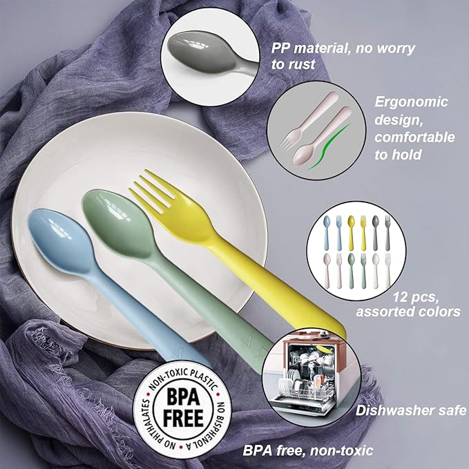 Kids Spoons and Forks Toddler Utensils Plastics Reusable Silverware Baby Cutlery Set Feeding Dinnerware Utensils BPA Free Microwave Dishwasher and Freezer Safe