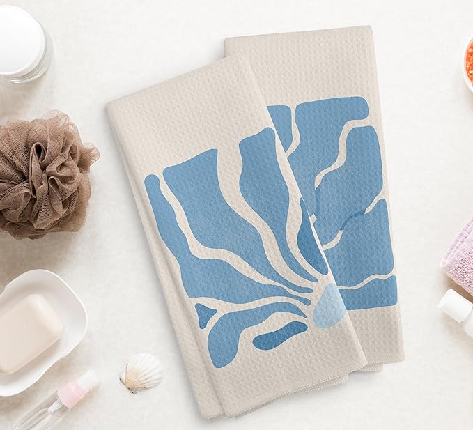 Beige Bohemian Flower Kitchen Towels and Dishcloths Set of 2, Abstract Flower Decorative Hand Towels, Blue Dorm Decor, Blue Botanical Drying Cloth Towels for Preppy Bathroom, 1624 Inches