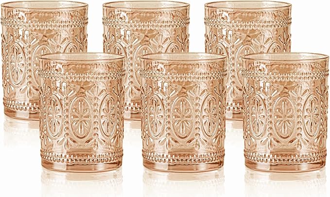 6 Pack Amber Glassware Set, 10oz Vintage Drinking Glasses, Colored Water Glasses, Amber Embossed Glass Cups for Party Wedding Home Office Gift