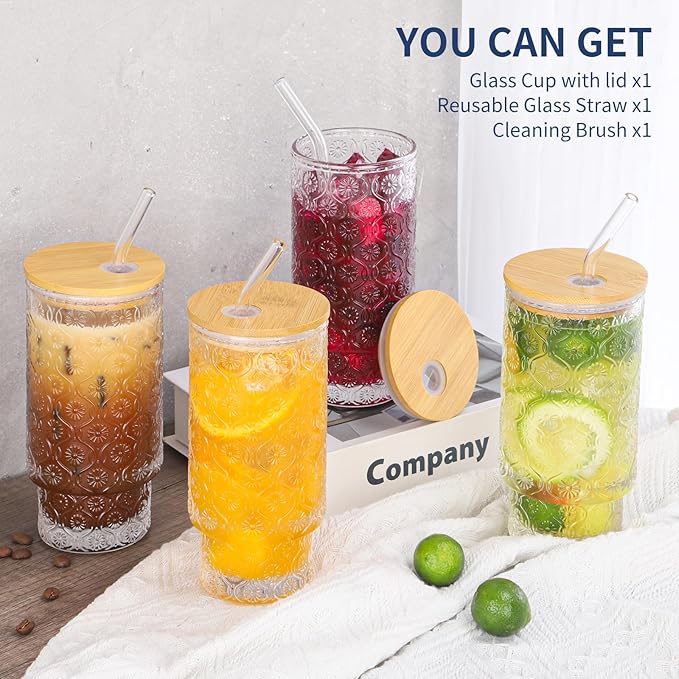 16 Oz Glass Cups with Lid and Straw, Vintage Embossed Floral Glass Tumbler, Iced Coffee Cups for Whiskey Cocktail Beer (1 PACK)