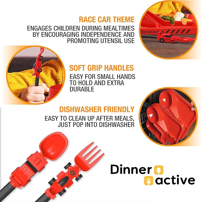 Dinneractive Utensil Set for Kids – Red Race Car Themed Fork and Spoon for Toddlers and Young Children – 2-Piece Set