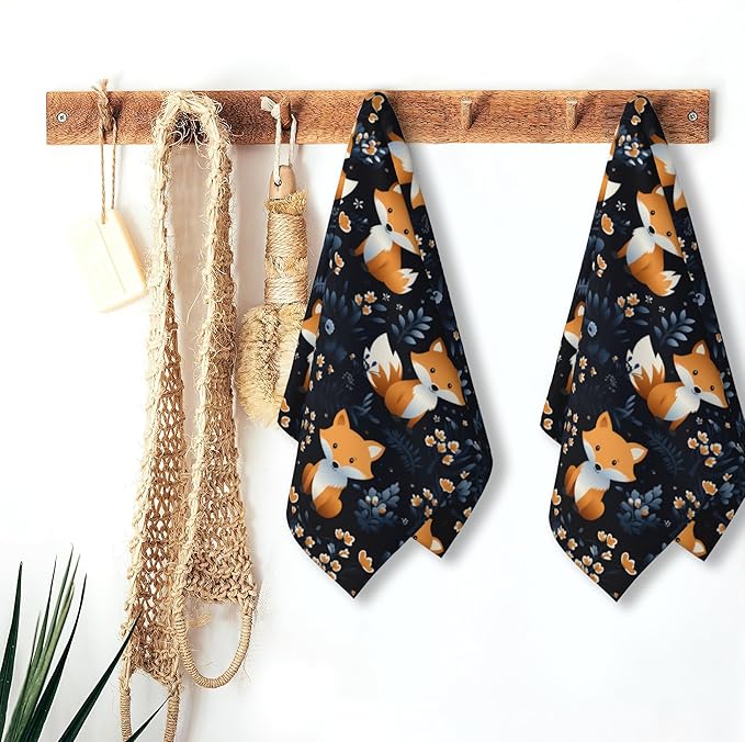 Hand Towels for Bathroom,Cute Foxes Floral Hand Towel Set of 2 Face Washcloths Fingertip Kitchen Towels Soft Bath Dish Cloth for Gym Hotel Spa Sport 14"X28"