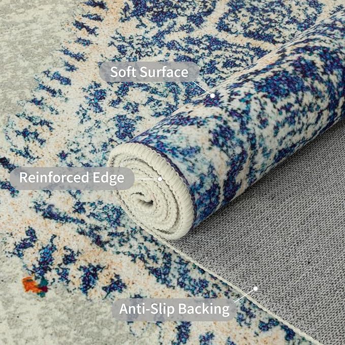 Easy-Going Boho Area Rug 3x5 Entryway Rug Washable Inside Door Mats for Home Entrance Non-Slip Vintage Distressed Small Rugs for Entry Living Room Bedroom Kitchen Office Lightweight Carpet, Blue Cream