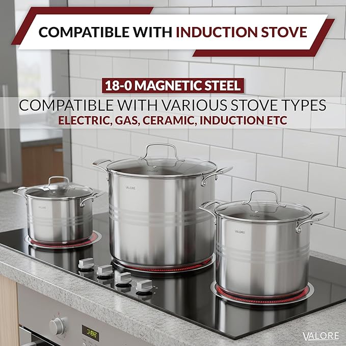 Valore 3 pc Stainless Steel Stock Pot Set - 12, 16 & 24 qt - 5-ply Canning Pots with Brushed Stainless Finish & Riveted Handles - Canning Supplies Compatible with All Cooktops