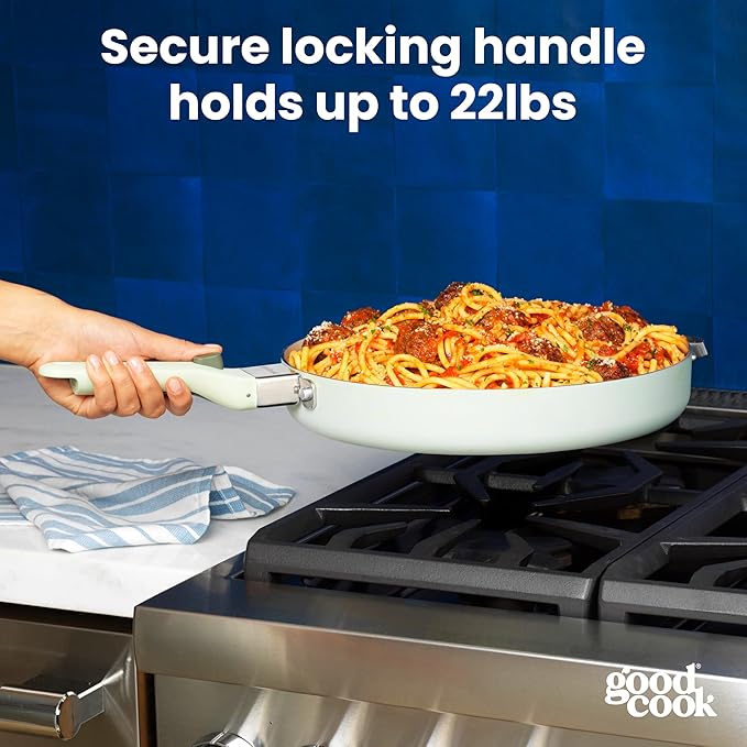 GoodCook Ceramic Cookware Set 5-Piece with Removable Handle, Induction Compatible, Nonstick and Oven Safe with 9.5-Inch Frypan, Sage Green