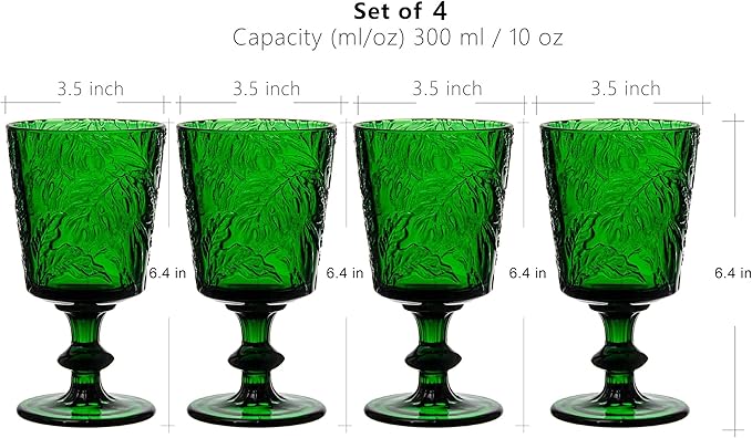 Jomop Handmade Pressed Colored Stemmed Wine Glasses Set Green Set of 4 Retro Christmas Vintage Glassware (4, Wine Goblet)