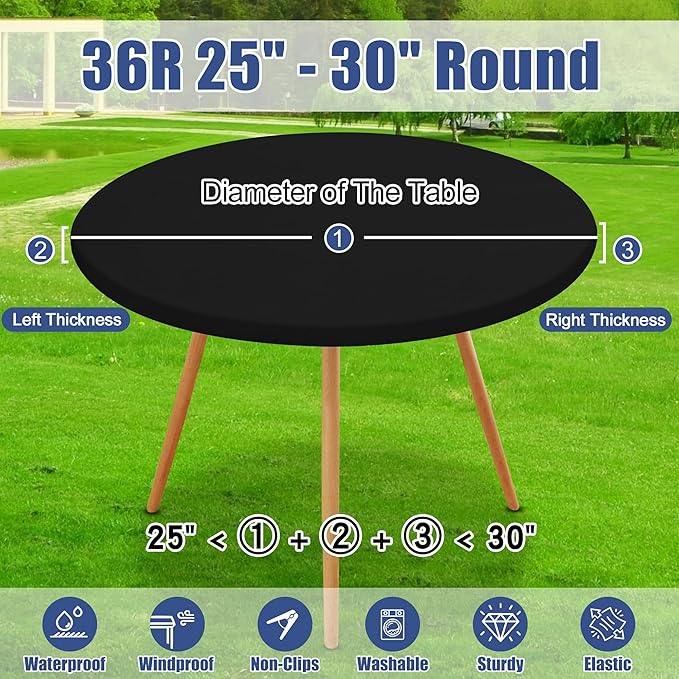 Round Spandex Tablecloth, Elastic Fitted Waterproof Tablecloths for 25"-30" Tables, Stretch Washable Picnic Table Cover for Camping, Dining, Indoor and Outdoor, Black