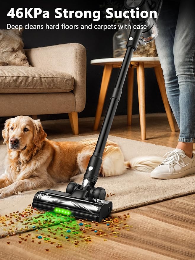 Cordless Vacuum Cleaner, 46Kpa/55 Mins Vacuum Cleaners for Home, Self-Standing Stick Vacuum with Rechargeable Dock,LED Display & Anti-Tangle,Lightweight Rechargeable Vacuum for Carpet,Floor (Black)