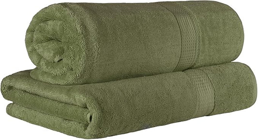 Superior Egyptian Cotton Pile Bath Sheet Set of 2, Ultra Soft Luxury Towels, Thick Plush Essentials, Absorbent Heavyweight, Guest Bath, Hotel, Spa, Home Bathroom, Shower Basics, Forest Green