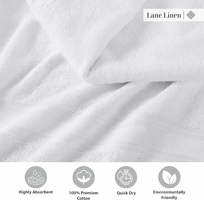 LANE LINEN 100% Cotton 4 Pack Bath Towels (30"x60") - Zero Twist, Cotton - Large Towels for Bathroom - Quick Drying, Highly Soft & Absorbent Shower Towel Set - Hotel & Spa Quality - White Towel Set