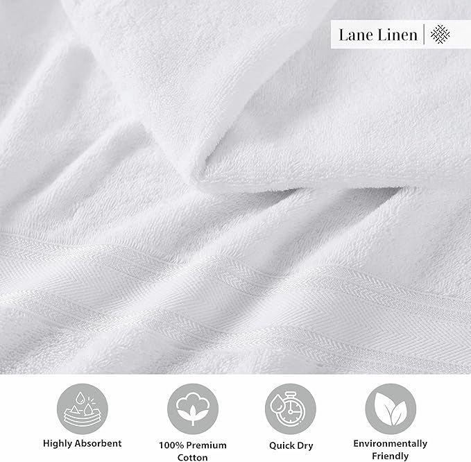 LANE LINEN Towel Set of 6 – 100% Mercerized Cotton, Zero Twist, 2 Large Bath Towel, 2 Hand Towels & 2 Wash Cloths, Quick Dry & Long-Lasting, Perfect for Family Bathrooms, Easy Care – White Towels