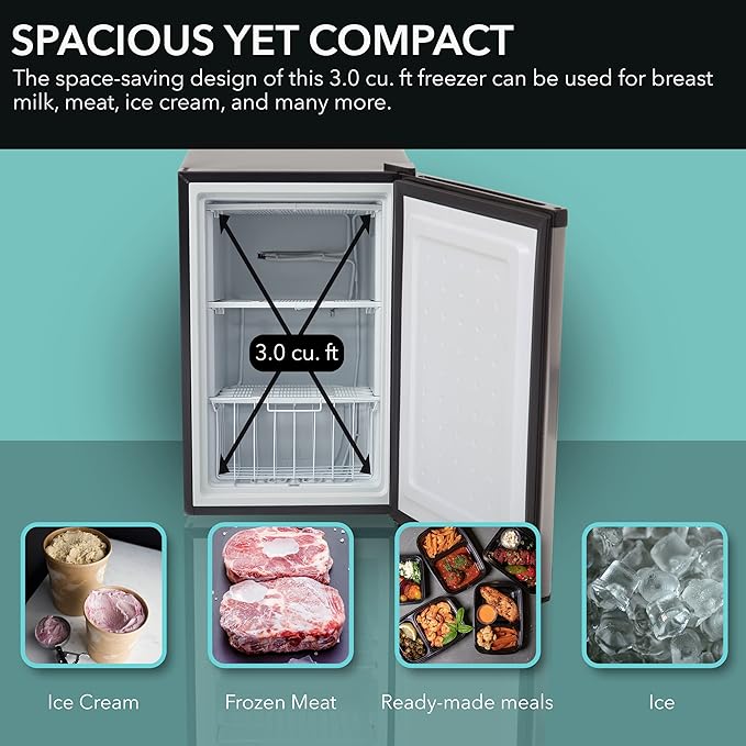 Whynter Upright Freezer with Lock, 3 Cu. Ft. Small Freezer Mini Freezer for Bedrooms, Dorms, Garages, Offices CUF-301SS, Stainless Steel, Energy Star