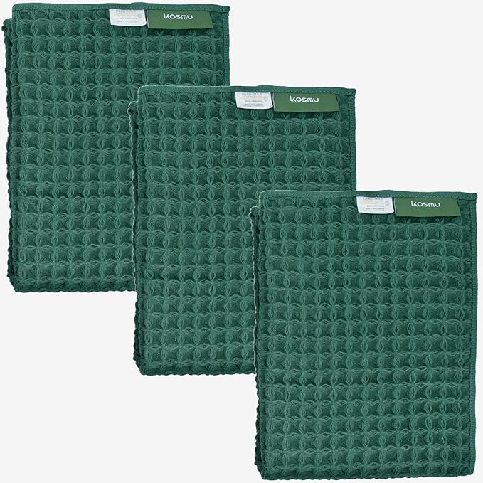 Luxury Organic Japanese Cotton Waffle Bath Towel | Thick, Absorbent, Quick Dry Bathroom Towels for Shower, Sauna, Onsen| Hotel & Spa Quality, Gift-Ready (Forest Green, Hand Towel (3 Pack))