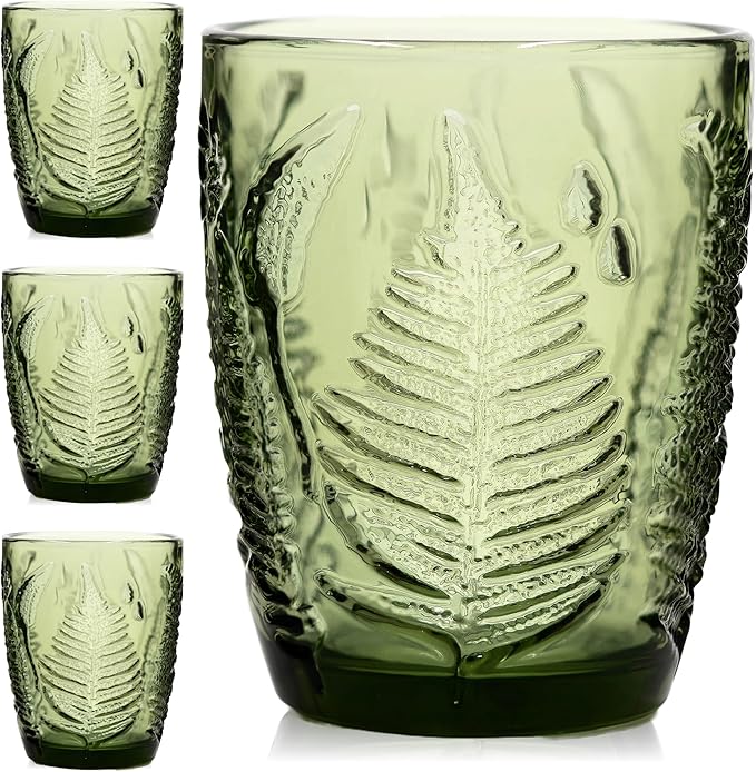 Vintage Drinking Glasses Set Of 4-10 oz Textured Green Glass Cups, Cute Green Glassware for Home & Bar, Retro Style Embossed Drinkware, Unique Decorative Cocktail Cup Sets - Heavy Duty & Durable