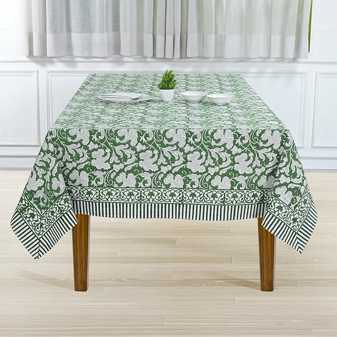 Ridhi Pantone Artichoke Hand Block Print Cotton Rectangle Tablecloth 118" x 70" inches Reusable Table Cover Decorative Everyday Use for Dining, Farmhouse, Home, Party, Festive, Wedding, Fall
