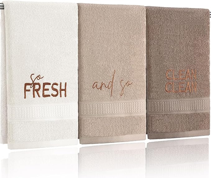 3 Pcs So Fresh and So Clean Clean Farmhouse Decorative Hand Towels for Bathroom and Kitchen Rustic Embroidered 100% Cotton Hand Towels Decorative Set for Boho Bathroom Decor