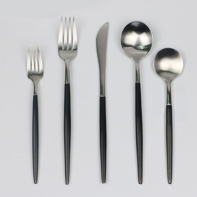 20-Pieces Luxury Black Handle Silver 18/10 Stainless Steel Flatware Set, Matte Finish, Service for 4