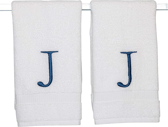Monogrammed Hand Towels for Bathroom - Luxury Hotel Quality Personalized Initial Decorative Embroidered Bath Towel for Powder Room, Spa - GOTS Organic Certified - Set of 2 Navy Letter J