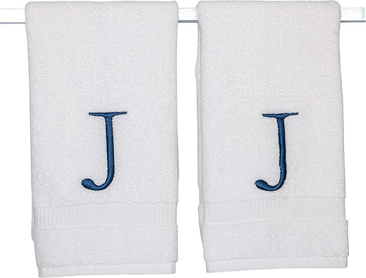 Monogrammed Hand Towels for Bathroom - Luxury Hotel Quality Personalized Initial Decorative Embroidered Bath Towel for Powder Room, Spa - GOTS Organic Certified - Set of 2 Navy Letter J