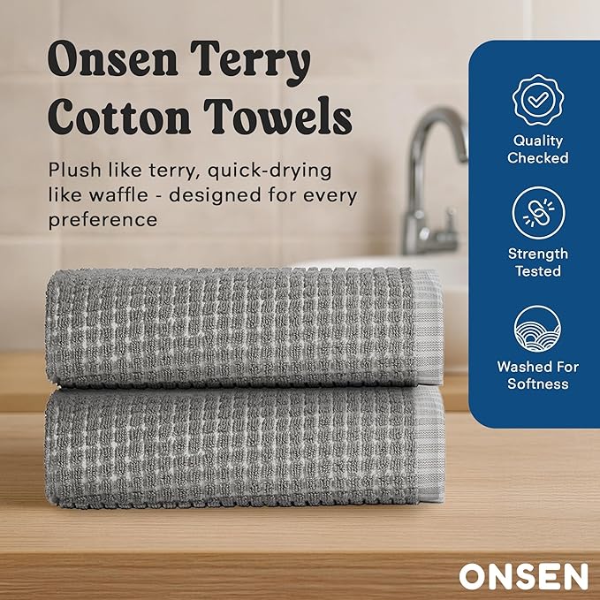 ONSEN Terry Cotton Waffle Hand Towel Set – 2 Pack Luxury Cotton Hand Towels, Quick Dry & Absorbent Bathroom Towels – Soft, Lightweight, Durable Towels for Bathroom Essentials (Grey Fog, 20x30 in)