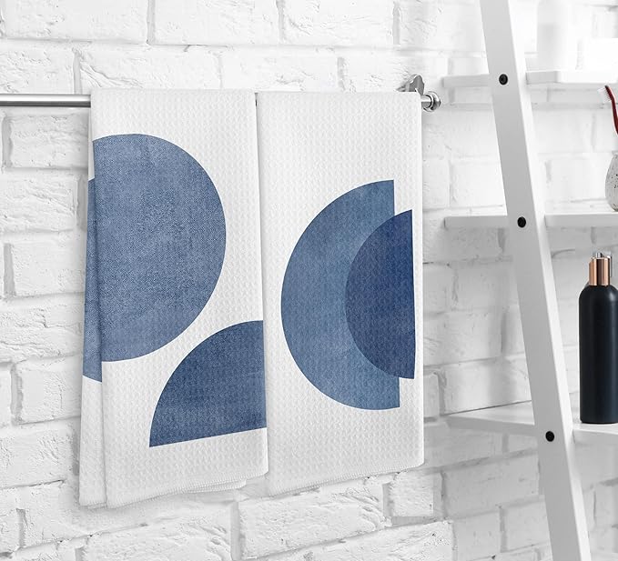 Bohemian Blue Circle Kitchen Towels and Dishcloths Set of 2, Abstract Flower Decorative Hand Towels, Blue Botanical Drying Cloth Towels for Bohemian Bathroom, 1624 Inches