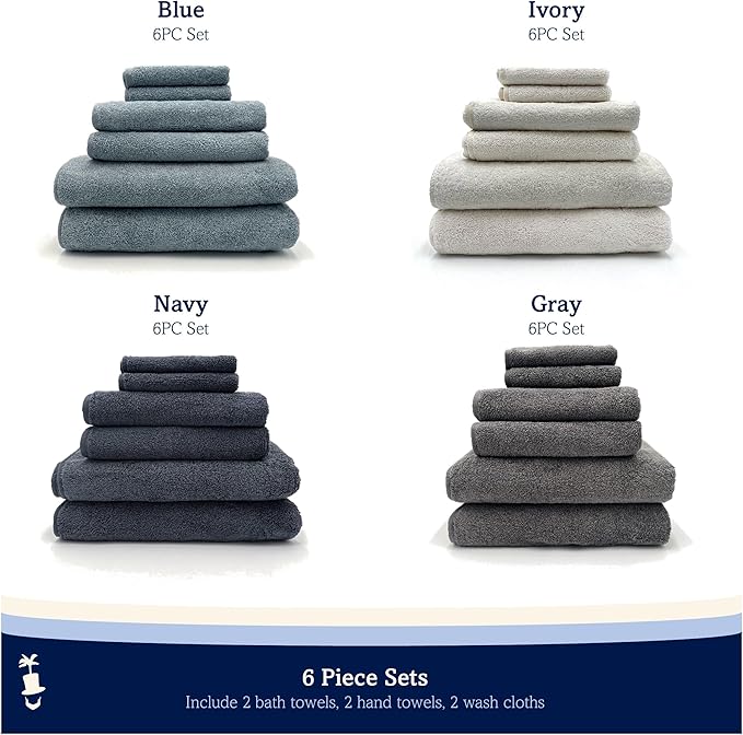 Lincoln & Palm 6 PC Turkish Piped Towel Set, 100% Cotton 650 GSM with Piping | 2 Bath 55x28, 2 Hand 30x30, 2 Face Washcloth 13x13 (6 Piece Towel Set, Navy)