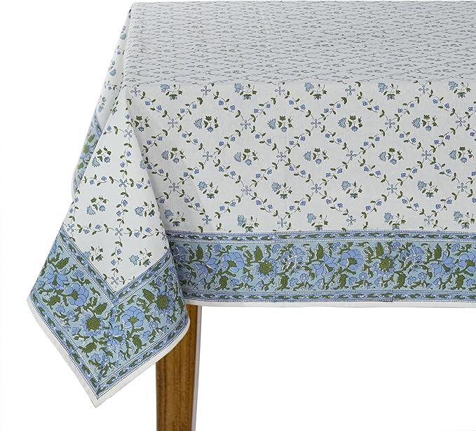 Ridhi Powder Blue Hand Block Print Cotton Rectangle Tablecloth 108" x 70" inches Reusable Table Cover Decorative Everyday Use for Dining, Farmhouse, Home, Party, Festive, Wedding, Fall