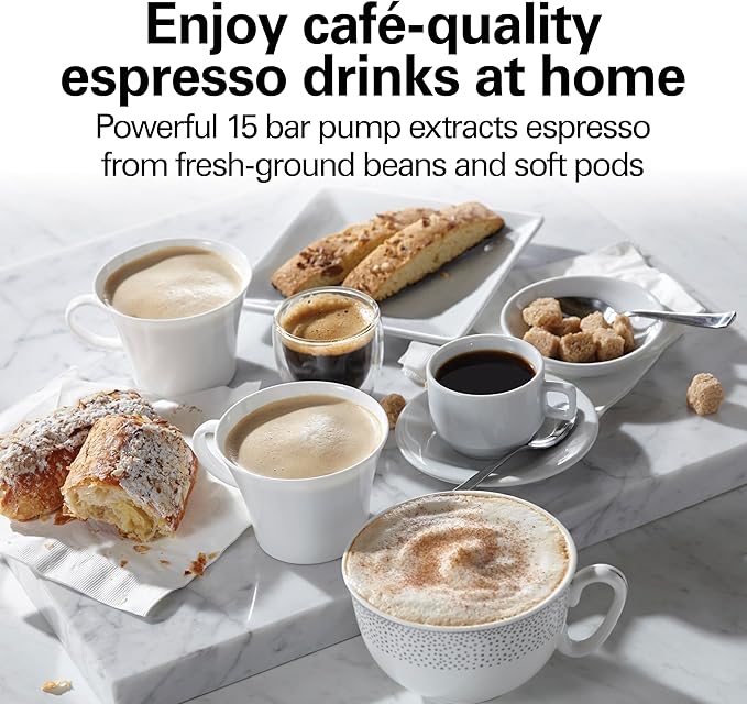 Hamilton Beach 15 Bar Espresso Machine, Cappuccino, Mocha, & Latte Maker, with Milk Frother, Make 2 Cups Simultaneously, Works with Pods or Ground Coffee, 50 oz. Water Reservoir, Black