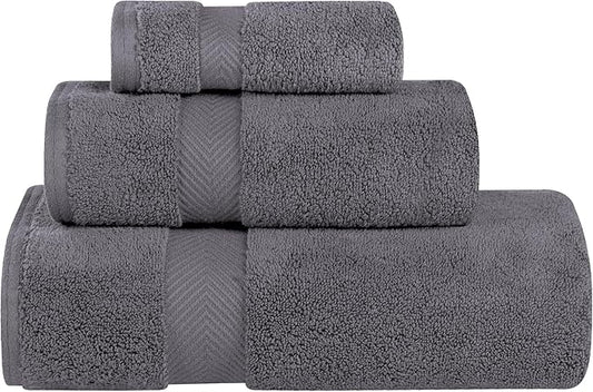 Superior Zero Twist 100% Cotton Towel Set, 3-Piece Set, Extra Soft Bath Towel, Face Towel and Hand Towel, Long-Staple Cotton Towels, Grey